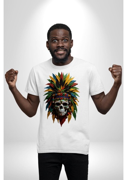 Kurukafa Iskelet Kızılderili Tüy Kartal Şefi Kadın Erkek Unisex Beyaz Organik Baskılı T-Shirt Penye Yüksek Kalite fiyatları