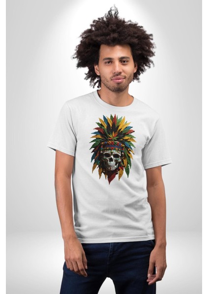 Kurukafa Iskelet Kızılderili Tüy Kartal Şefi Kadın Erkek Unisex Beyaz Organik Baskılı T-Shirt Penye Yüksek Kalite modelleri