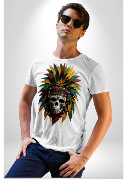 Kurukafa Iskelet Kızılderili Tüy Kartal Şefi Kadın Erkek Unisex Beyaz Organik Baskılı T-Shirt Penye Yüksek Kalite fırsatları