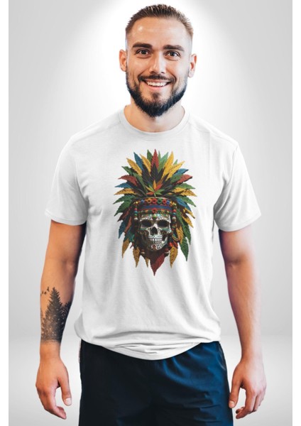 Kurukafa Iskelet Kızılderili Tüy Kartal Şefi Kadın Erkek Unisex Beyaz Organik Baskılı T-Shirt Penye Yüksek Kalite indirimleri