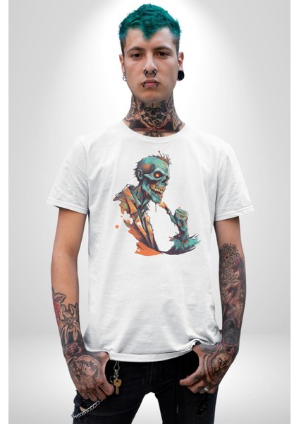 Zombi Iskelet Kendine Yumruk Kadın Erkek Unisex Beyaz Organik Baskılı T-Shirt Penye Yüksek Kalite modelleri