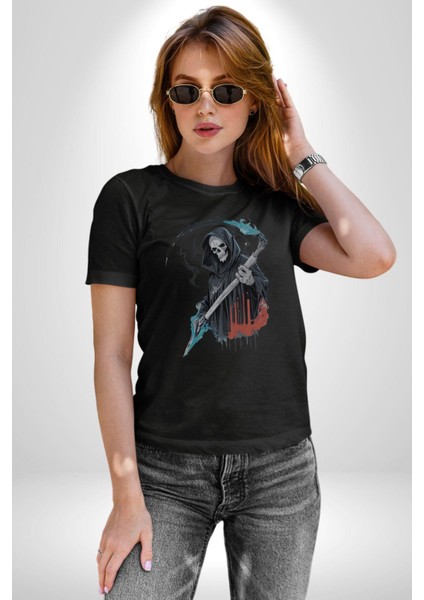 Azrail Ölüm Tanrısı Iskelet Kadın Erkek Unisex Siyah Organik Baskılı T-Shirt Penye Yüksek Kalite