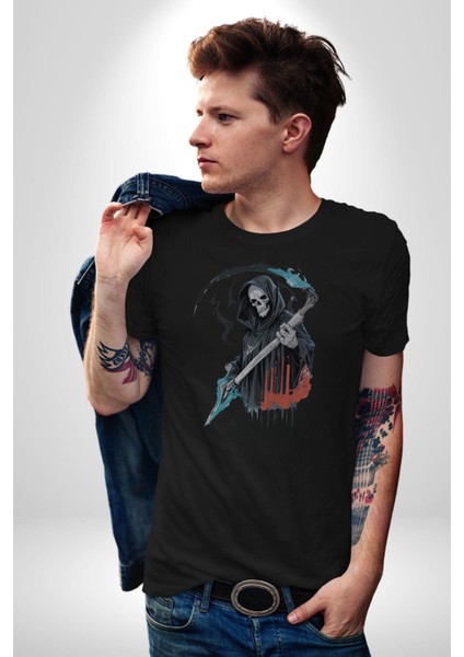 Azrail Ölüm Tanrısı Iskelet Kadın Erkek Unisex Siyah Organik Baskılı T-Shirt Penye Yüksek Kalite