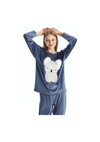 Lcw Bisiklet Yaka Nakışlı Uzun Kollu Kadife Kadın Pijama Takımı