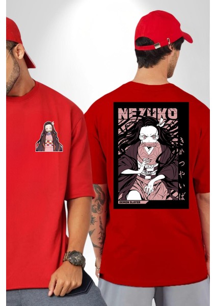 Nezuko Demon Slayer Kırmızı Oversize Kadın Erkek Ön ve Sırt Baskılı Tişört