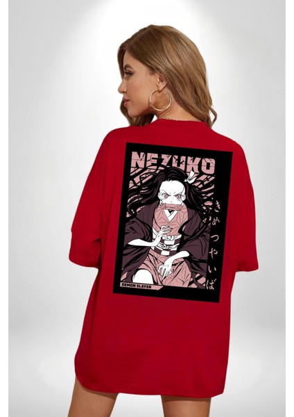 Nezuko Demon Slayer Kırmızı Oversize Kadın Erkek Ön ve Sırt Baskılı Tişört fırsatları