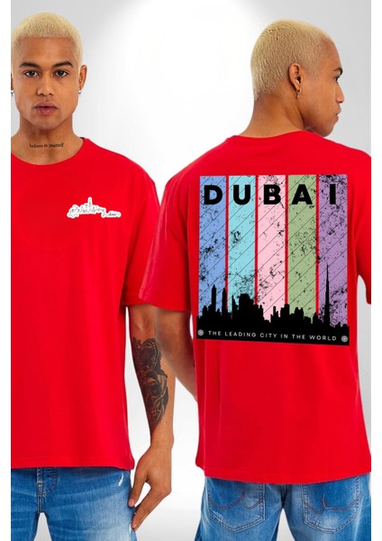 Dubai Şehir Silüeti Renkli Şehir Kırmızı Oversize Kadın Erkek Ön ve Sırt Baskılı Tişört