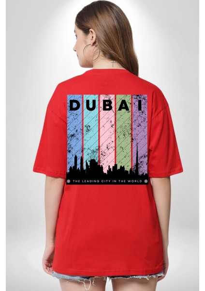 Dubai Şehir Silüeti Renkli Şehir Kırmızı Oversize Kadın Erkek Ön ve Sırt Baskılı Tişört fiyatları