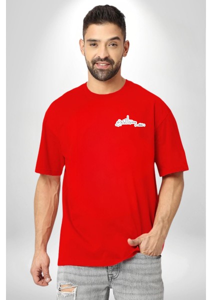 Dubai Şehir Silüeti Renkli Şehir Kırmızı Oversize Kadın Erkek Ön ve Sırt Baskılı Tişört modelleri