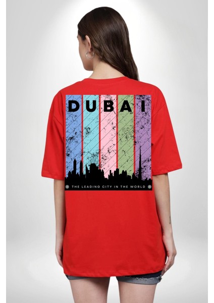 Dubai Şehir Silüeti Renkli Şehir Kırmızı Oversize Kadın Erkek Ön ve Sırt Baskılı Tişört fırsatları