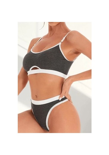 Kadın Gri Antrasit Beyaz Lastikli Cut-Out Kaşkorse Alt ve Üst Takım fiyatları