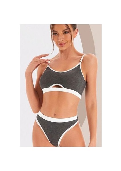 Kadın Gri Antrasit Beyaz Lastikli Cut-Out Kaşkorse Alt ve Üst Takım modelleri