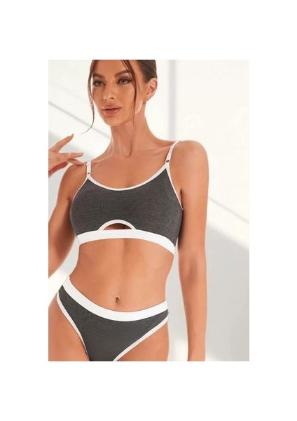 Kadın Gri Antrasit Beyaz Lastikli Cut-Out Kaşkorse Alt ve Üst Takım fırsatları