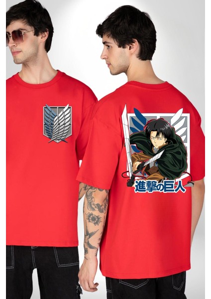 Anime Levi Ackerman Beyaz ve Siyah Kanatlar Kırmızı Oversize Kadın Erkek Ön ve Sırt Baskılı Tişört