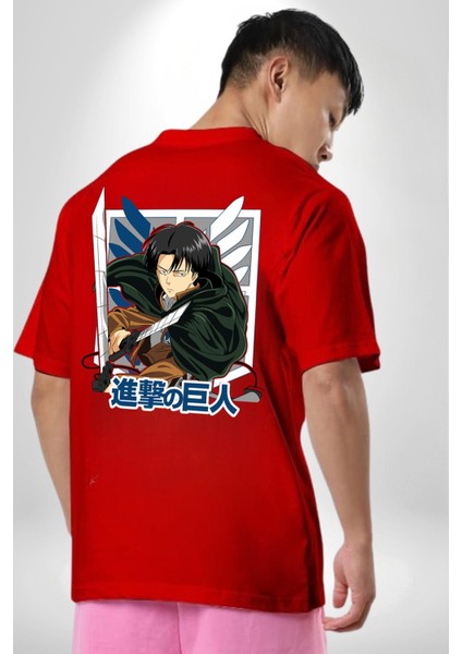 Anime Levi Ackerman Beyaz ve Siyah Kanatlar Kırmızı Oversize Kadın Erkek Ön ve Sırt Baskılı Tişört fiyatları