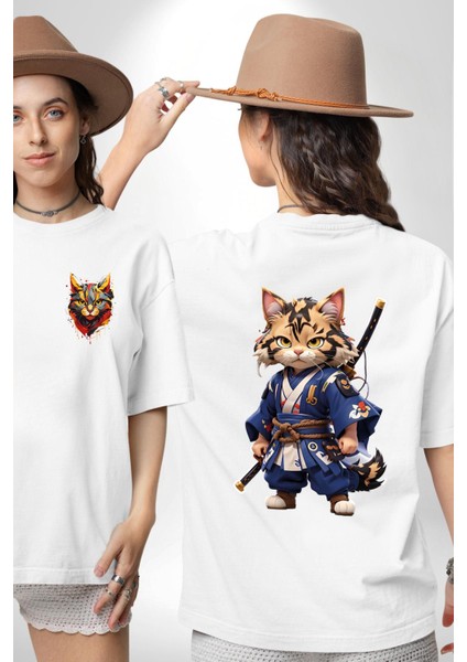 Japon Samuray Kılınç Beyaz Oversize Kadın Erkek Ön ve Sırt Baskılı Tişört
