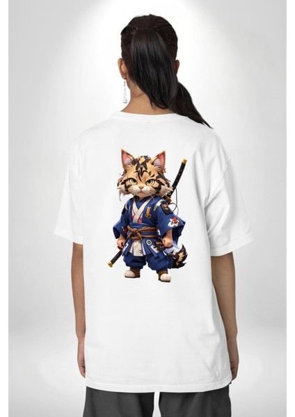 Japon Samuray Kılınç Beyaz Oversize Kadın Erkek Ön ve Sırt Baskılı Tişört fiyatları