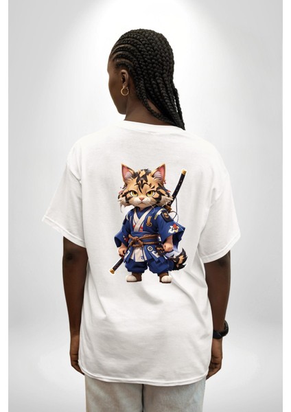 Japon Samuray Kılınç Beyaz Oversize Kadın Erkek Ön ve Sırt Baskılı Tişört fırsatları