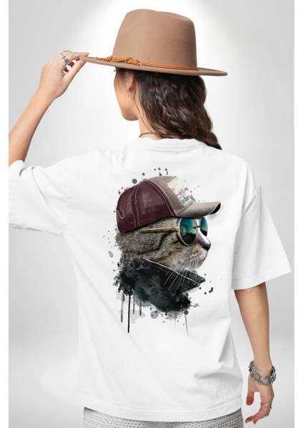 Pilot Çeketli Deri Şapkalı Cool Kedi Beyaz Oversize Kadın Erkek Ön Ve Sırt Baskılı Tişört fiyatları