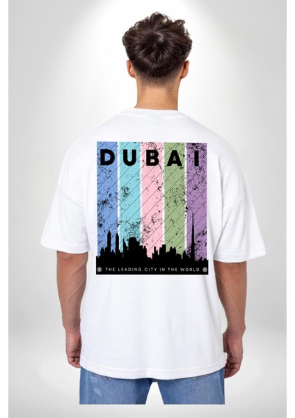 Dubai Şehir Silüeti Renkli Şehir Beyaz Oversize Kadın Erkek Ön ve Sırt Baskılı Tişört fiyatları