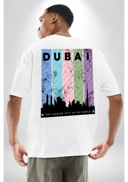 Dubai Şehir Silüeti Renkli Şehir Beyaz Oversize Kadın Erkek Ön ve Sırt Baskılı Tişört fırsatları