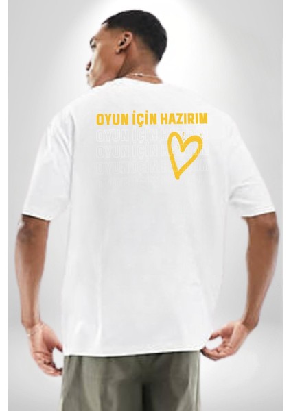 Oyun Için Hazırım Kalp Beyaz Oversize Kadın Erkek Ön ve Sırt Baskılı Tişört fırsatları