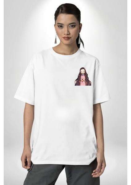 Nezuko Demon Slayer Beyaz Oversize Kadın Erkek Ön ve Sırt Baskılı Tişört modelleri