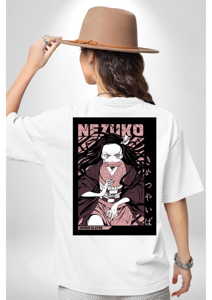 Nezuko Demon Slayer Beyaz Oversize Kadın Erkek Ön ve Sırt Baskılı Tişört fırsatları