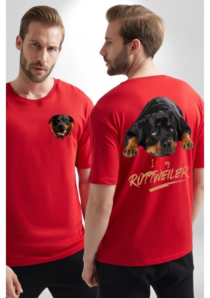 Rottweiler Sevgisi Kırmızı Oversize Kadın Erkek Ön ve Sırt Baskılı Tişört