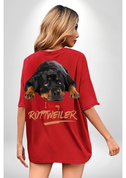 Rottweiler Sevgisi Kırmızı Oversize Kadın Erkek Ön ve Sırt Baskılı Tişört