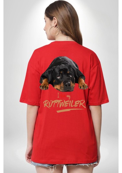 Rottweiler Sevgisi Kırmızı Oversize Kadın Erkek Ön ve Sırt Baskılı Tişört