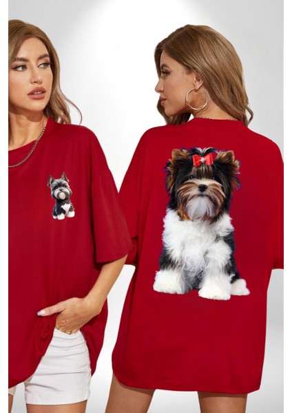 Biewer Yorshire Terrier Kırmızı Oversize Kadın Erkek Ön Ve Sırt Baskılı Tişört