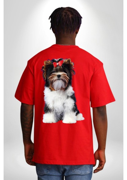 Biewer Yorshire Terrier Kırmızı Oversize Kadın Erkek Ön Ve Sırt Baskılı Tişört fiyatları