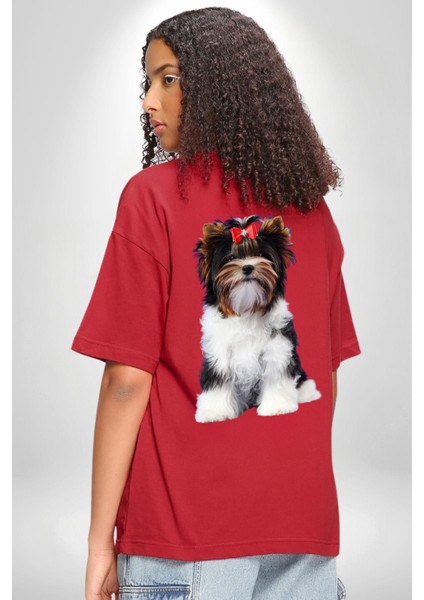 Biewer Yorshire Terrier Kırmızı Oversize Kadın Erkek Ön Ve Sırt Baskılı Tişört fırsatları