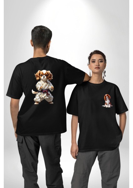 Cavailer King Charles Spaniel Karate Siyah Oversize Kadın Erkek Ön ve Sırt Baskılı Tişört