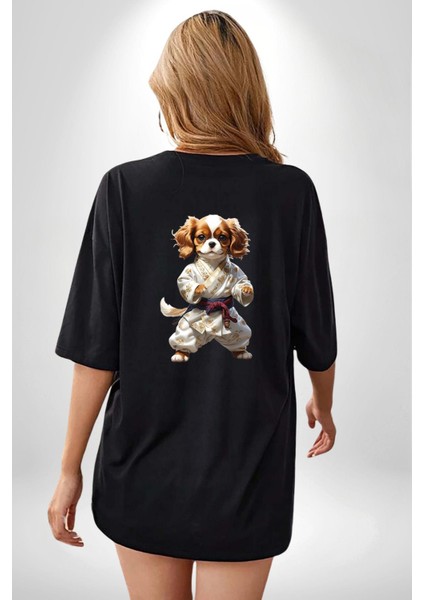 Cavailer King Charles Spaniel Karate Siyah Oversize Kadın Erkek Ön ve Sırt Baskılı Tişört indirimleri
