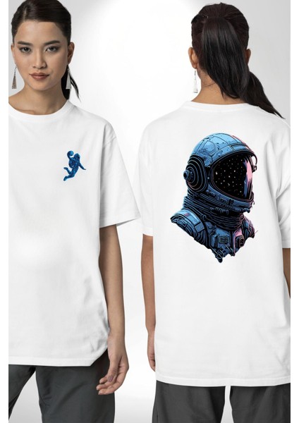 Basketbol Mars Uzay Smaçı Beyaz Oversize Kadın Erkek Ön ve Sırt Baskılı Tişört