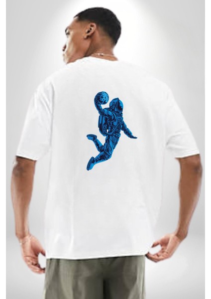 Basketbol Mars Uzay Smaçı Beyaz Oversize Kadın Erkek Ön ve Sırt Baskılı Tişört fırsatları