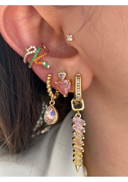 Pinery Jewels Sallantılı Pembe Kalp 3'lü Altın Kaplama Kadın Küpe Seti