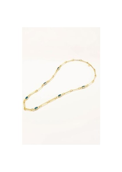 18 Ayar Altın Kaplama Gümüş Göz Figürlü Zincir Kolye Aqua Taşlı