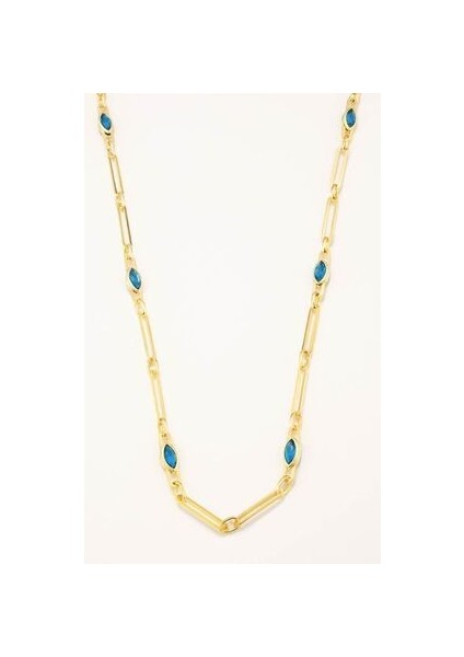 18 Ayar Altın Kaplama Gümüş Göz Figürlü Zincir Kolye Aqua Taşlı fiyatları