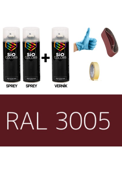 2 Adet Sprey+1 Adet Vernik Şarap Kırmızı RAL-3005 Sprey Boya Seti 400 Ml+Zımpara+Kağıtbant+Eldiven