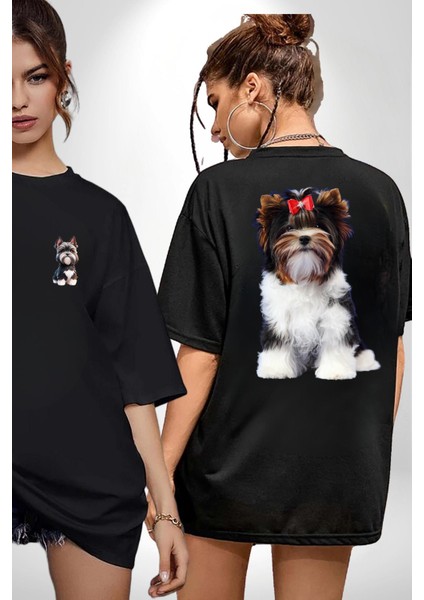 Biewer Yorshire Terrier Siyah Oversize Kadın Erkek Ön Ve Sırt Baskılı Tişört