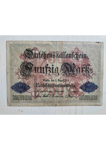 Almanya Berlin Banknot Büyük Boy 9 x 13 cm 1914 Tarihli 50 Mark Alman
