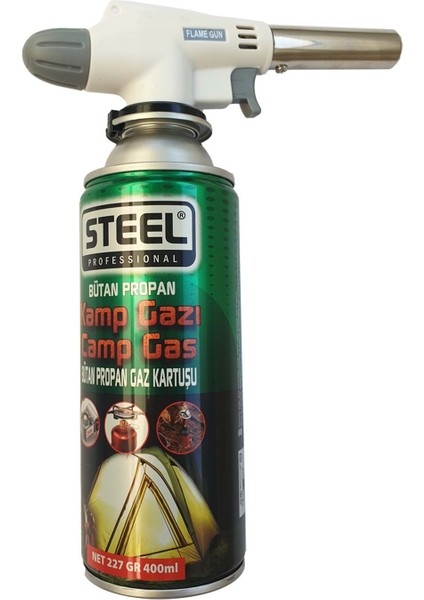 Steel Professıonal - Kamp Gazı 1 Adet 400 ml - (Flame Gun - Pürmüz Çakmak 1 Adet )
