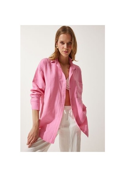 Oversize Basic Müslin Gömlek Açık Pembe