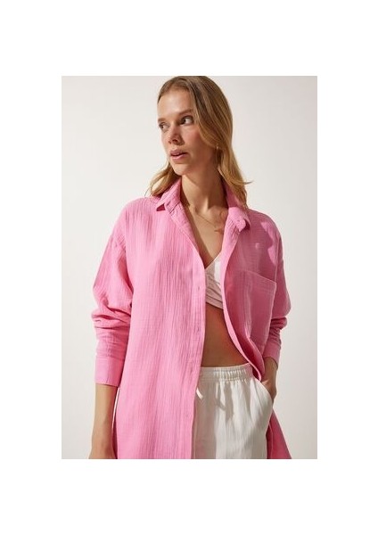 Oversize Basic Müslin Gömlek Açık Pembe