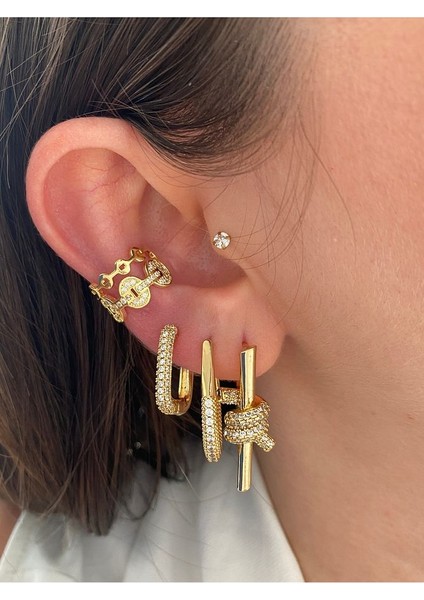 Pinery Jewels Taç Zirkon Taşlı Minimal Kadın Earcuff Kıkırdak Küpe