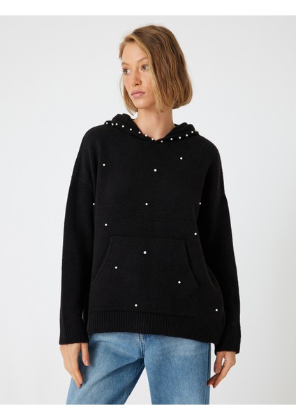 Kapüşonlu Oversize Triko Kazak Taşlı Uzun Kollu modelleri