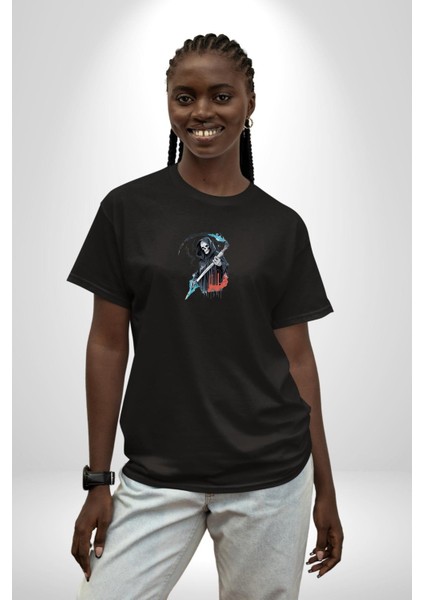 Azrail Ölüm Tanrısı Iskelet Siyah Oversize Kadın Erkek Ön Orta Minimal Baskılı Tişört modelleri